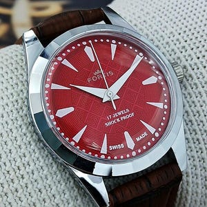 Reloj mecánico vintage Fortis de cuerda manual para hombre, fabricado en Suiza, con esfera roja con textura de laberinto retro, 17 joyas, restaurado. Regalo para él. 380-06