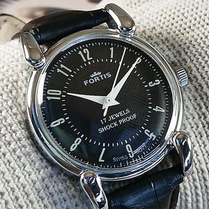 Vintage refurbished Fortis Swiss Made Hand Winding mechanical Mens Wrist watch black dial stainless steel case gift for men for him 330-04