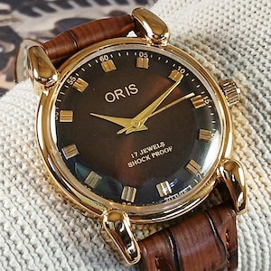 Orologio da polso da uomo Oris vintage, di fabbricazione svizzera, a carica manuale, con quadrante marrone, anse a goccia, cassa placcata in oro, regalo per uomo - sk0127