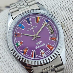 Vintage Citizen Eagle 7 Japan Automatic Men’s Watch | Purple World Flag Dial 21 Jewels Jubilee Bracelet Refurbished Gift for Him 300-12