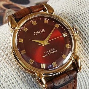 Vintage Oris Swiss Made Hand Winding mechanical Mens Wrist watch red dial tear drop lugs gold plated case gift for men for him -sk0158