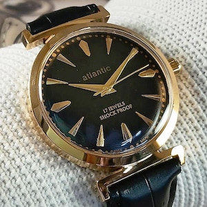 Vintage Atlantic Swiss Made Hand Winding mechanical Mens Wrist watch black dial hooded lugs gold plated case gift for men for him -sk0199