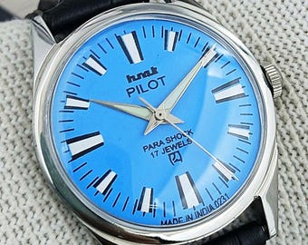 Vintage HMT Pilot Indian Hand-Winding Men’s Watch | 17 Jewels Blue English Dial Classic Bold Index Design Refurbished Gift for Him 170-02