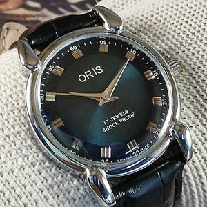 Orologio da polso da uomo Oris vintage, meccanico a carica manuale, realizzato in Svizzera, con quadrante blu, anse a goccia, cassa in acciaio inossidabile, regalo per uomo - sk0133
