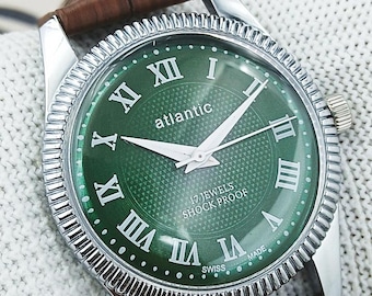 Vintage Atlantic Swiss Made Hand-Winding Mechanical Men’s Watch | Green Roman Dial Coin-Edge Bezel 17 Jewels Refurbished Gift for Him 320-07