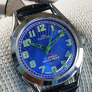 Vintage refurbished Fortis Swiss Made Hand Winding mechanical Mens Wrist watch blue dial stainless steel case gift for men for him -bx0606
