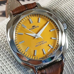 Vintage refurbished Fortis Swiss Made Hand Winding mechanical Mens Wrist watch yellow dial big 37mm case gift for men for him - sk0264
