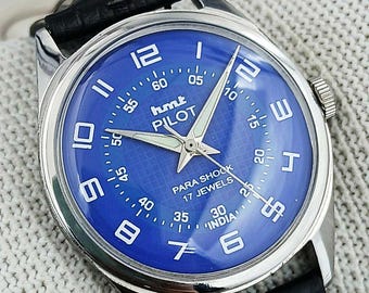 Vintage HMT Pilot Indian Hand-Winding Men’s Watch | 17 Jewels Blue Field-Style Dial Design Bold Numerals Refurbished Gift for Him 150-11