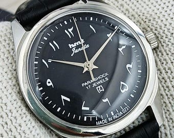 Vintage HMT Janata Indian Hand-Winding Men’s Watch | 17 Jewels Black Eastern Arabic Numeral Dial  Refurbished Gift for Him Retro 120-12