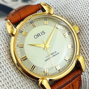 Vintage Oris Swiss Made Hand-Winding Mechanical Men’s Watch | Cream Dial Teardrop Lugs 17 Jewels Gold Plated Refurbished Gift for Him 210-08