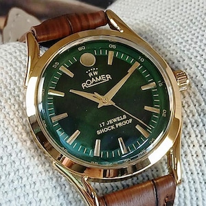 Vintage Roamer Swiss Made Hand Winding Mens Wrist watch green dial curved ended lugs gold plated case gift for men for him -sk0229