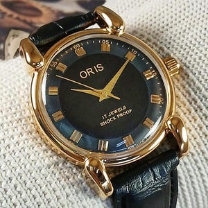 Vintage Oris Swiss Made Hand Winding mechanical Mens Wrist watch black dial tear drop lugs gold plated case gift for men for him -sk0127