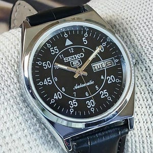 vintage refurbished Seiko 5 automatic 6309A japan mens wrist watch field style black dial exhibition back gift for men for him 700-08