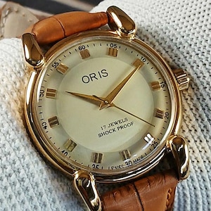 Vintage Oris Swiss Made Hand Winding mechanical Mens Wrist watch yellow dial tear drop lugs gold plated case gift for men for him -sk0158