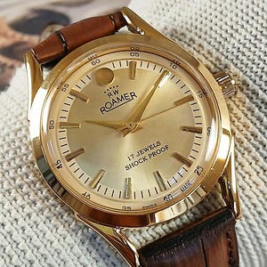 Orologio da polso da uomo vintage Roamer Swiss Made a carica manuale, quadrante giallo, anse curve, cassa placcata in oro, regalo per uomo - sk0121