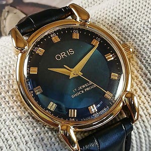 Vintage Oris Swiss Made Hand Winding mechanical Mens Wrist watch blue dial tear drop lugs gold plated case gift for men for him -sk0128