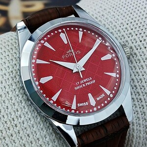 Vintage Fortis Swiss Made Hand-Winding Mechanical Men’s Watch | Red Retro Maze Texture Dial 17 Jewels Refurbished Gift for Him 380-14