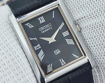 Vintage Seiko Slim Tank Quartz Japan Men's Wrist Watch Black Roman Dial Gift for him for her 2000-07