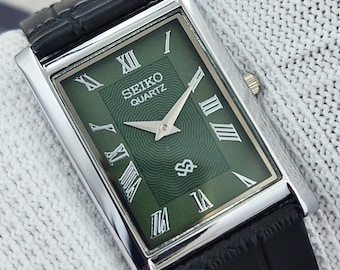 Vintage Seiko Slim Tank Quartz Japan Men's Wrist Watch Green Roman Dial Gift for him for her 2000-08