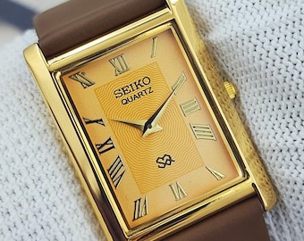 Vintage Seiko Slim Tank Quartz Japan Men's Wrist Watch Orange Roman Dial Gift for him for her 1000-14