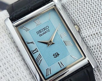 Vintage Seiko Slim Tank Quartz Japan Men's Wrist Watch Blue Roman Dial Gift for him for her 2000-15