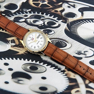 May include: A gold-toned wristwatch with a white face, Roman numeral hour markers, and a brown leather band. The watch features a day and date display. The band has a crocodile pattern. The watch is set against a background of gears.