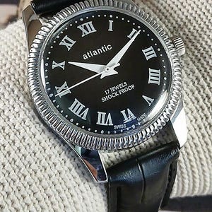Vintage refurbished Atlantic Swiss Made Hand Winding mechanical Mens Wrist watch black dial stainless steel case gift for men for him sk0139