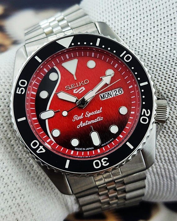Custom Seiko 5 Sports Mod Automatic Men's Watch - Red / Black Dial