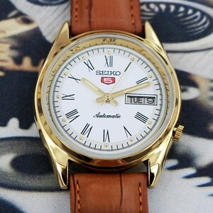vintage refurbished Seiko 5 automatic japan mens wrist watch white roman dial exhibition back gold plated case gift for men for him 100-08 image 4
