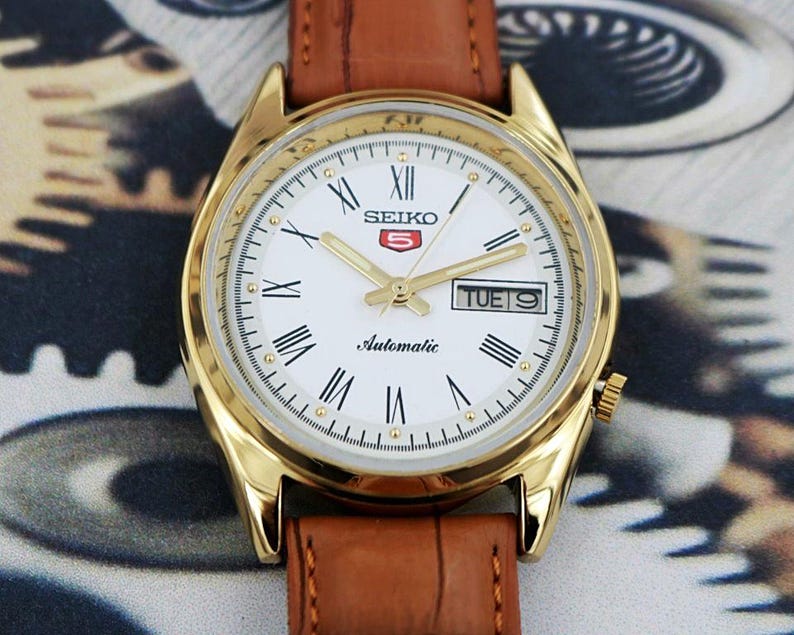 vintage refurbished Seiko 5 automatic japan mens wrist watch white roman dial exhibition back gold plated case gift for men for him 100-08 image 4