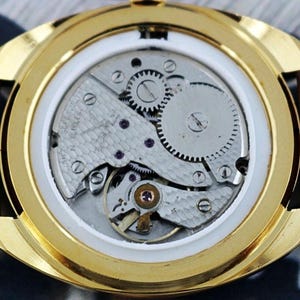 K&ouml;nnte beinhalten: Nahaufnahme des R&uuml;ckens einer goldfarbenen Armbanduhr, die das komplizierte mechanische Uhrwerk zeigt. Die Uhr hat ein braunes Lederarmband und ein wei&szlig;es Zifferblatt. Zahnr&auml;der, Schrauben und andere Komponenten sind sichtbar.