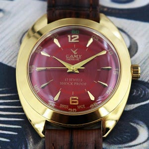 Vintage Camy Swiss Made Handaufzug Herrenuhr | Red Zifferblatt Big 38 mm Kissenbezug 17 Jewels Vergoldet Refurbished Geschenk für Ihn 250-02 Bild 4