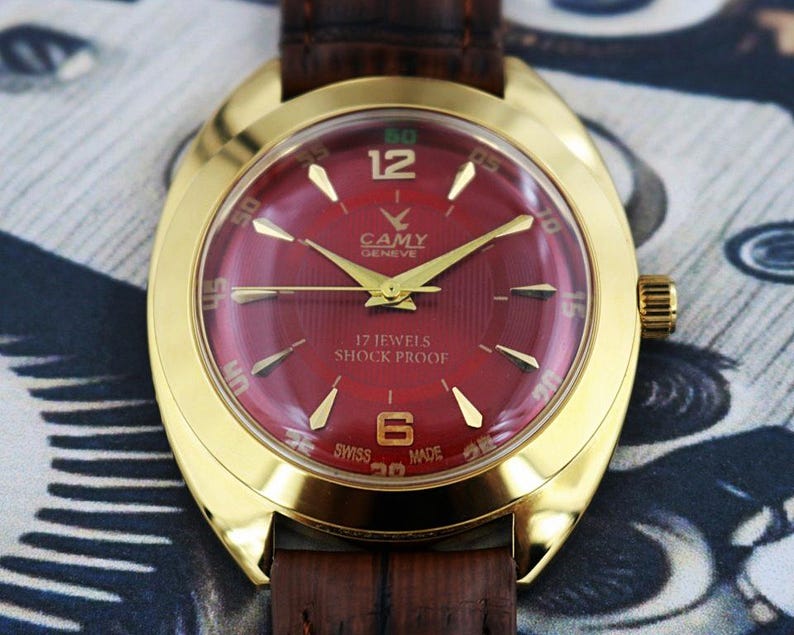 Vintage Camy Swiss Made Handaufzug Herrenuhr | Red Zifferblatt Big 38 mm Kissenbezug 17 Jewels Vergoldet Refurbished Geschenk für Ihn 250-02 Bild 4