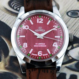 Vintage Roamer Swiss Made Hand-Winding Mechanical Men’s Watch | Red Retro Field Numeral Dial 17 Jewels Refurbished Gift for Him 370-10 image 4