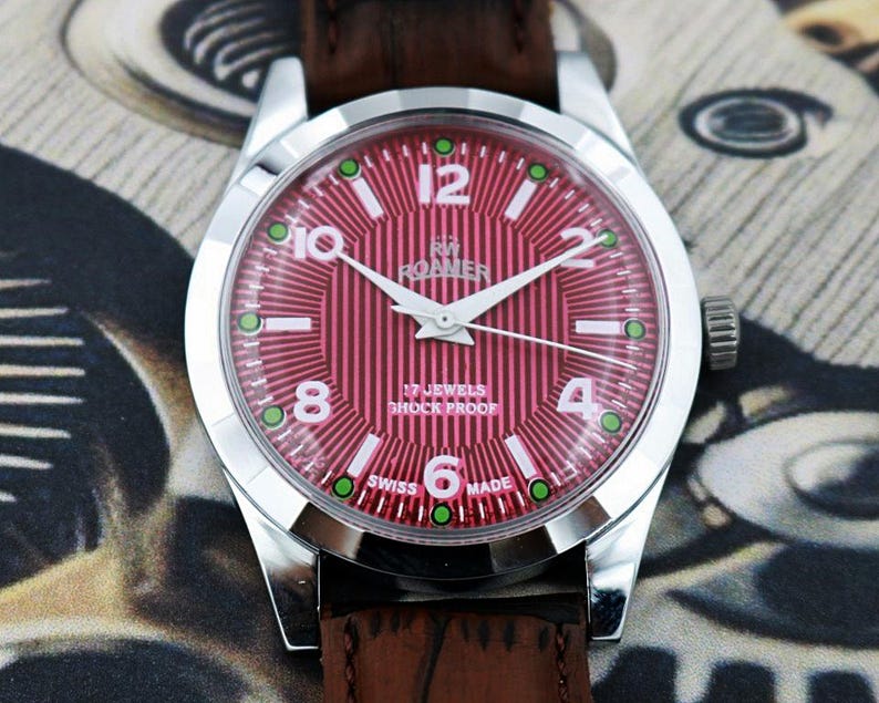 Vintage Roamer Swiss Made Hand-Winding Mechanical Men’s Watch | Red Retro Field Numeral Dial 17 Jewels Refurbished Gift for Him 370-10 image 4