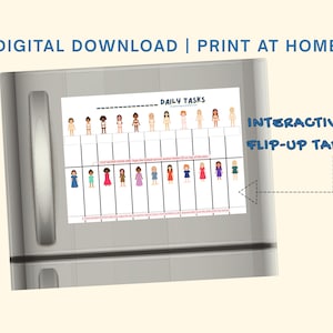 Może przedstawiać: Wydrukowana tabela codziennych zadań z rzędem ilustrowanych postaci i rzędem interaktywnych klapek z kolorowymi ubraniami. Tekst zawiera napisy DIGITAL DOWNLOAD | PRINT AT HOME, DAILY TASKS oraz INTERACTIVE FLIP-UP TABS.