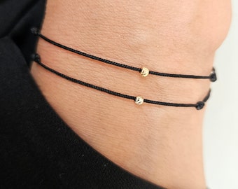 14k Solid Gold Men Black String Surfer Bracelet Men Bracelet Black Thread Bracelet For Men Faceted Solid Gold 14k Bead Yellow or White