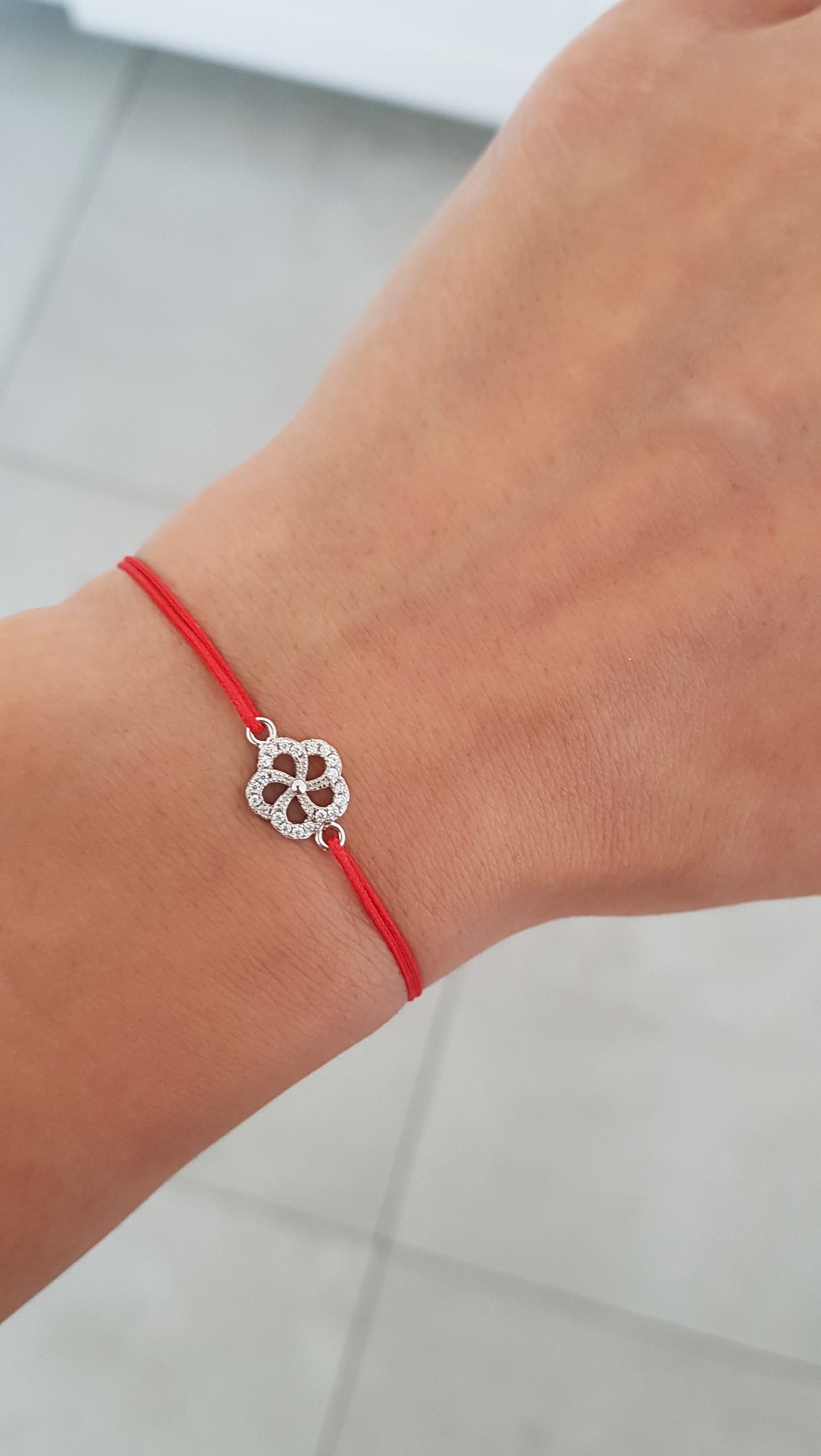 Dainty Flower With Swarovski Crystals Red String Bracelet Etsy
