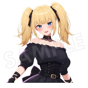 Peut inclure: Illustration de style anime d'un personnage avec des couettes blondes, des yeux bleus et une tenue noire. Le personnage porte une robe noire à épaules dénudées avec un corset et un nœud. Le mot "SAMPLE" est visible en arrière-plan.