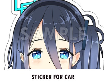 May include: A sticker for a car featuring a cartoon girl with blue eyes and long blue hair. The girl is looking up and her eyes are wide open. The sticker has the text "STICKER FOR CAR" at the bottom.