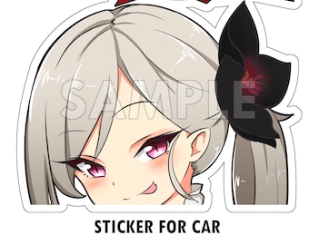 May include: A sticker for a car featuring a cartoon illustration of a young woman with gray hair, pink eyes, and a black flower in her hair. The sticker has the text "SAMPLE" and "STICKER FOR CAR" on it.