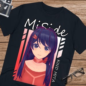 May include: Black t-shirt featuring an anime-style illustration of a girl with long blue hair, wearing a red top and choker. The shirt has the text "MiSide" and "KIND MITA" in white. The design includes pink and white vertical stripes.
