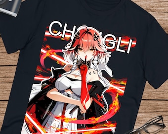 May include: Black t-shirt with a red and white anime character illustration. The character has pink hair and is wearing a white outfit with red accents. The text "CHANG LI" is printed in white on the shirt.