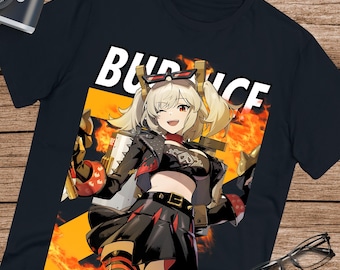 May include: Black t-shirt with a graphic of a female anime character with blonde hair and a red and black outfit. The character is holding a weapon and is surrounded by flames. The text "BURNING ICE" is printed on the shirt.