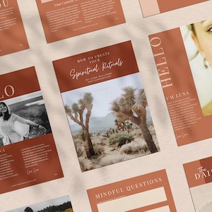 May include: A collection of terracotta-colored brochures and flyers with white text and images. The flyers feature the words "HELLO", "THANK YOU", and "HOW TO CREATE YOUR Spiritual Rituals". The images include a woman, desert landscape, and eye.