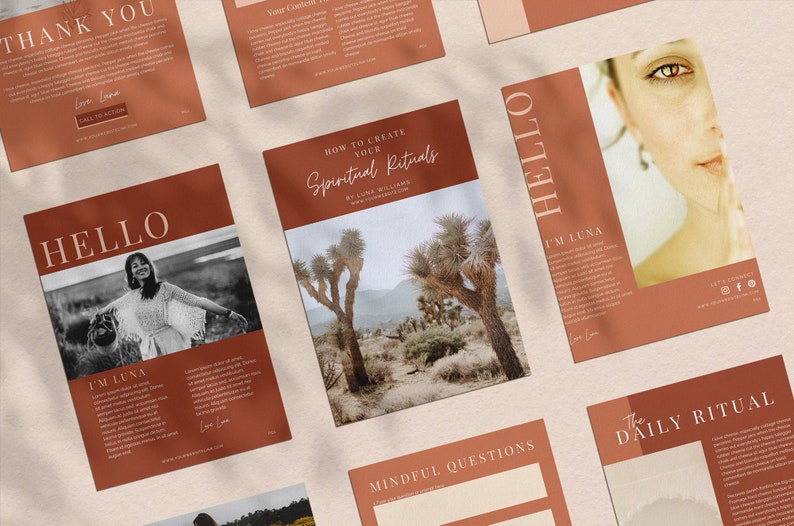 May include: A collection of terracotta-colored brochures and flyers with white text and images. The flyers feature the words "HELLO", "THANK YOU", and "HOW TO CREATE YOUR Spiritual Rituals". The images include a woman, desert landscape, and eye.