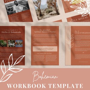 May include: A collection of terracotta-colored workbook pages with white text and illustrations. The pages are titled "Hello", "How to Create Your Spiritual Rituals", and "The Abundant Spiritual Alignment Practise". The template is for spiritual, life, and wellness coaches.