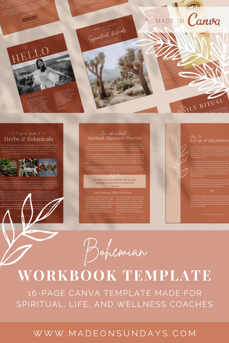 May include: A collection of terracotta-colored workbook pages with white text and illustrations. The pages are titled "Hello", "How to Create Your Spiritual Rituals", and "The Abundant Spiritual Alignment Practise". The template is for spiritual, life, and wellness coaches.