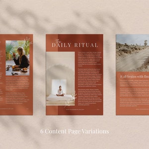 May include: A promotional image showcasing three content page variations with a warm, earthy color palette. The pages feature text and images, with titles like "Building Your Rituals" and "The Daily Ritual." The phrase "It all begins with finding your path" is also visible.