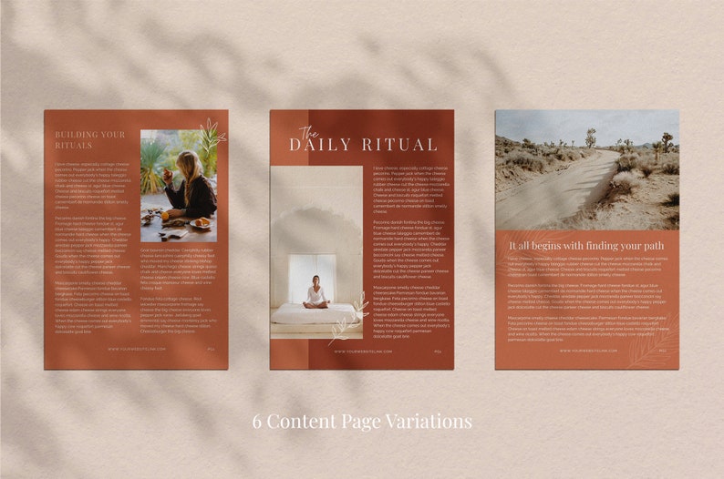 May include: A promotional image showcasing three content page variations with a warm, earthy color palette. The pages feature text and images, with titles like "Building Your Rituals" and "The Daily Ritual." The phrase "It all begins with finding your path" is also visible.